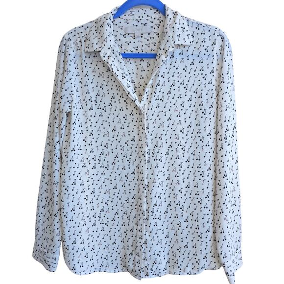 LOFT Cherry Print Hidden Button-Up Long Sleeve Blouse size Small - Picture 1 of 4
